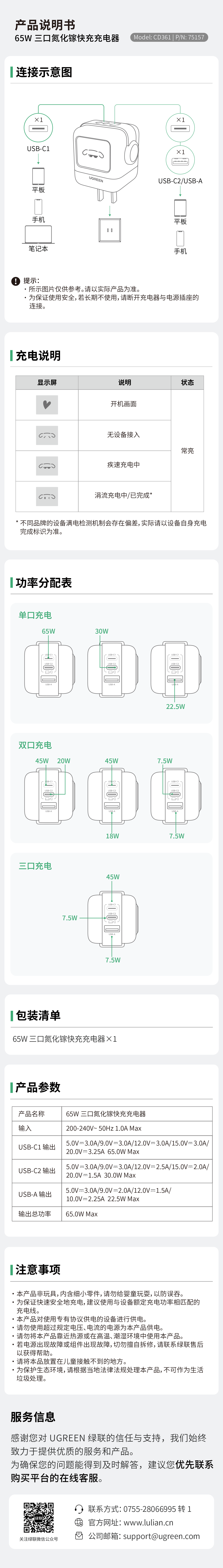 65W三口氮化镓快充充电器，配备显示屏，支持双口/三口智能功率分配
