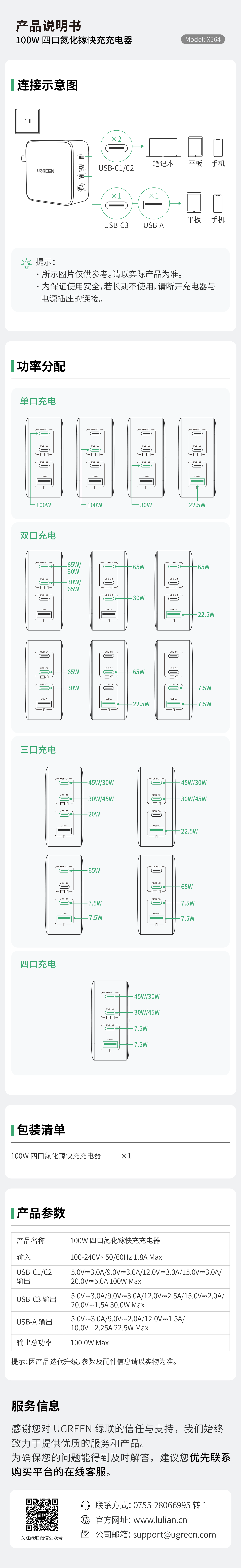 绿联 100W 四口氮化镓快充充电器(X564-35874)-电子说明书