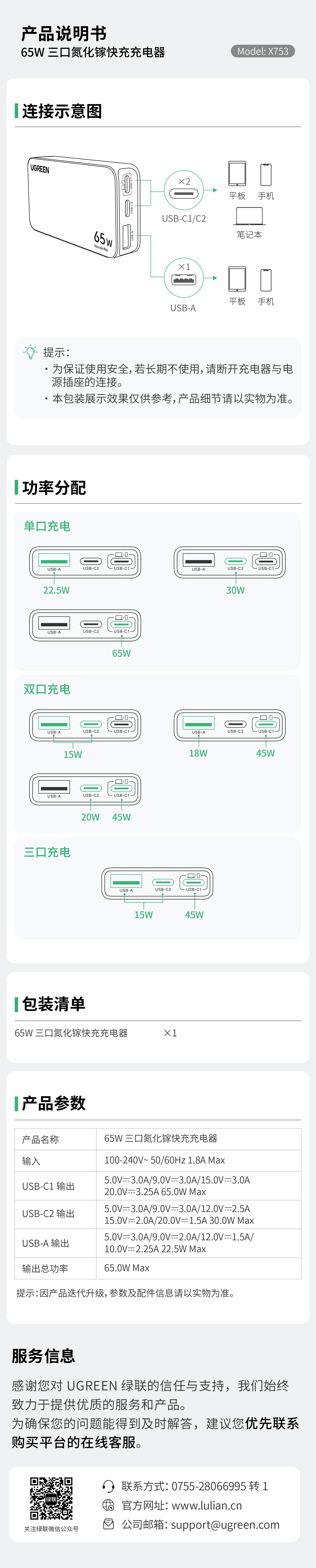 绿联X753充电器说明书，含功率分配及参数说明
