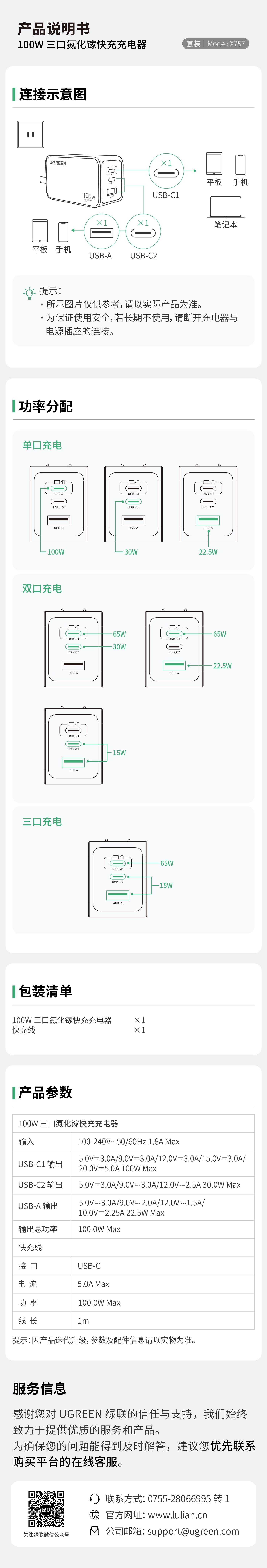 绿联100W三口氮化镓快充充电器，支持多设备同时充电