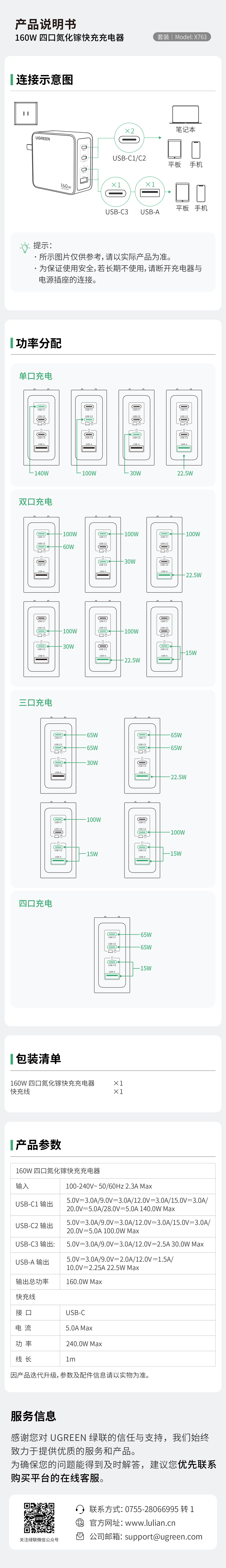 绿联160W四口氮化镓快充充电器套装，支持多设备同时充电